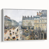 Vintage poster art of a Camille Pissarro painting on a framed canvas, featuring colorful imagery.