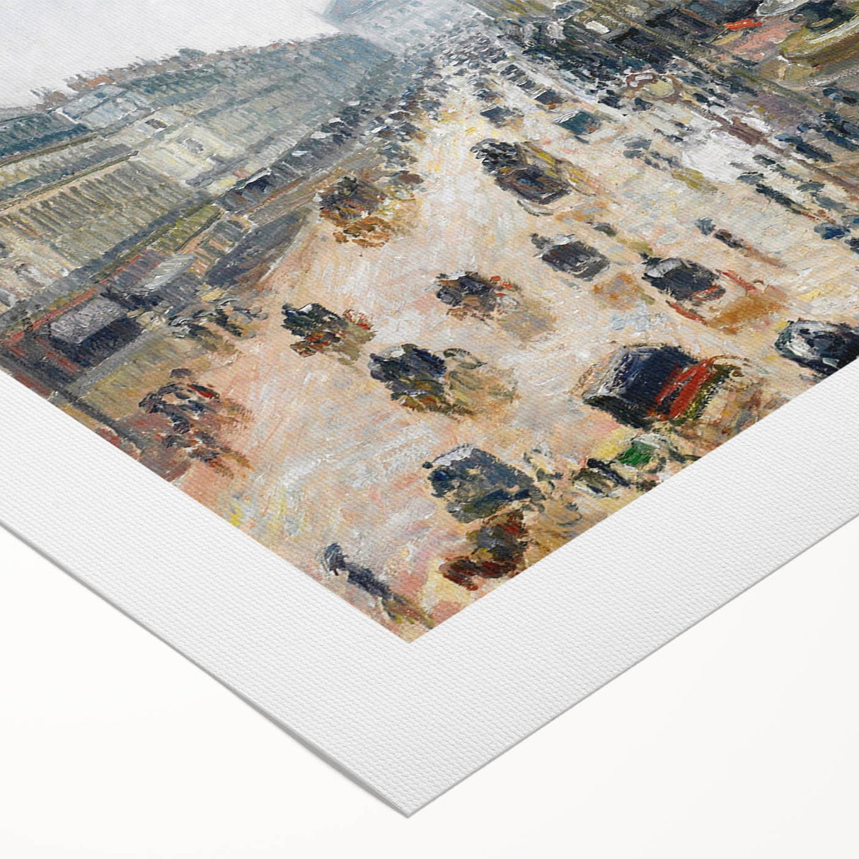 Art deco poster featuring a vibrant street scene painted by Camille Pissarro, rendered on rolled canvas.