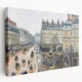 Side view of a stretched canvas featuring Camille Pissarro's impressionist style landscape, with lush green and earth tones.