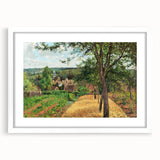 Abstract art print of a colorful Pissarro landscape on a white-framed canvas, ideal for bedroom or dining room decor.