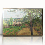 Large art print of a Camille Pissarro painting in a gold frame, featuring muted earth tones, ideal for modern art wall decor.