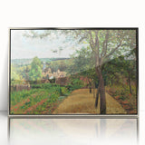 Mid-century modernist art by Camille Pissarro, featuring a pastoral scene in muted colors, silver-framed acrylic.