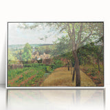 Art deco poster featuring a Camille Pissarro impressionist painting, in a white acrylic frame.