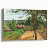 Framed canvas depicting a colorful landscape art painting by Camille Pissarro, ideal for vintage style living room decor.