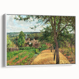 Framed canvas of Camille Pissarro's vintage poster art featuring colorful rural scene, ideal for living room decor.