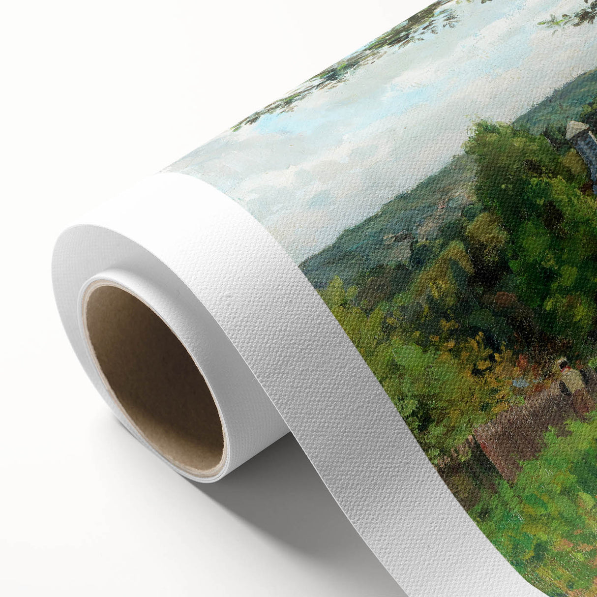 Art deco poster of a serene landscape on rolled canvas, featuring soft pastel shades, ideal for nursery wall art.