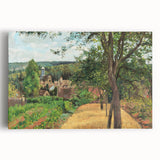 Black and white stretched canvas of large kitchen art featuring an impressionist-style rural landscape.