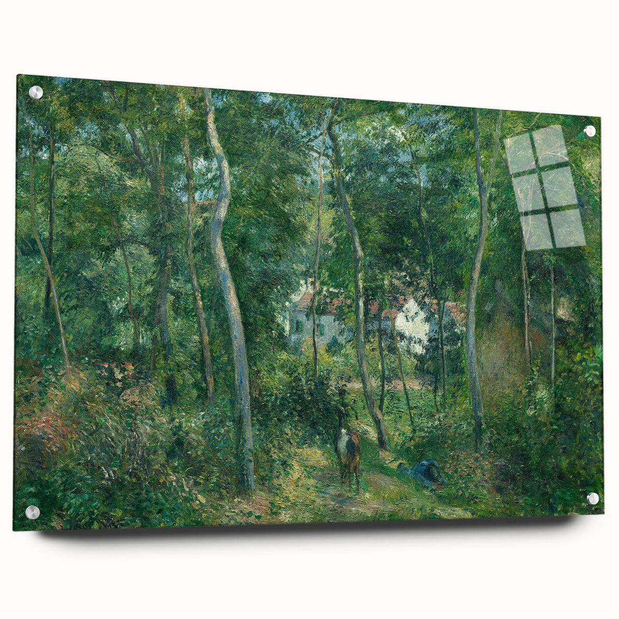 Side view of a Camille Pissarro-inspired large abstract wall art on acrylic glass, displaying vibrant.