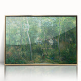 Large art print of Camille Pissarro's landscape on acrylic, framed in gold, in mid-century modernist style.