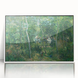 Acrylic print of Camille Pissarro's impressionist painting in a white frame, featuring soft pastel colors.