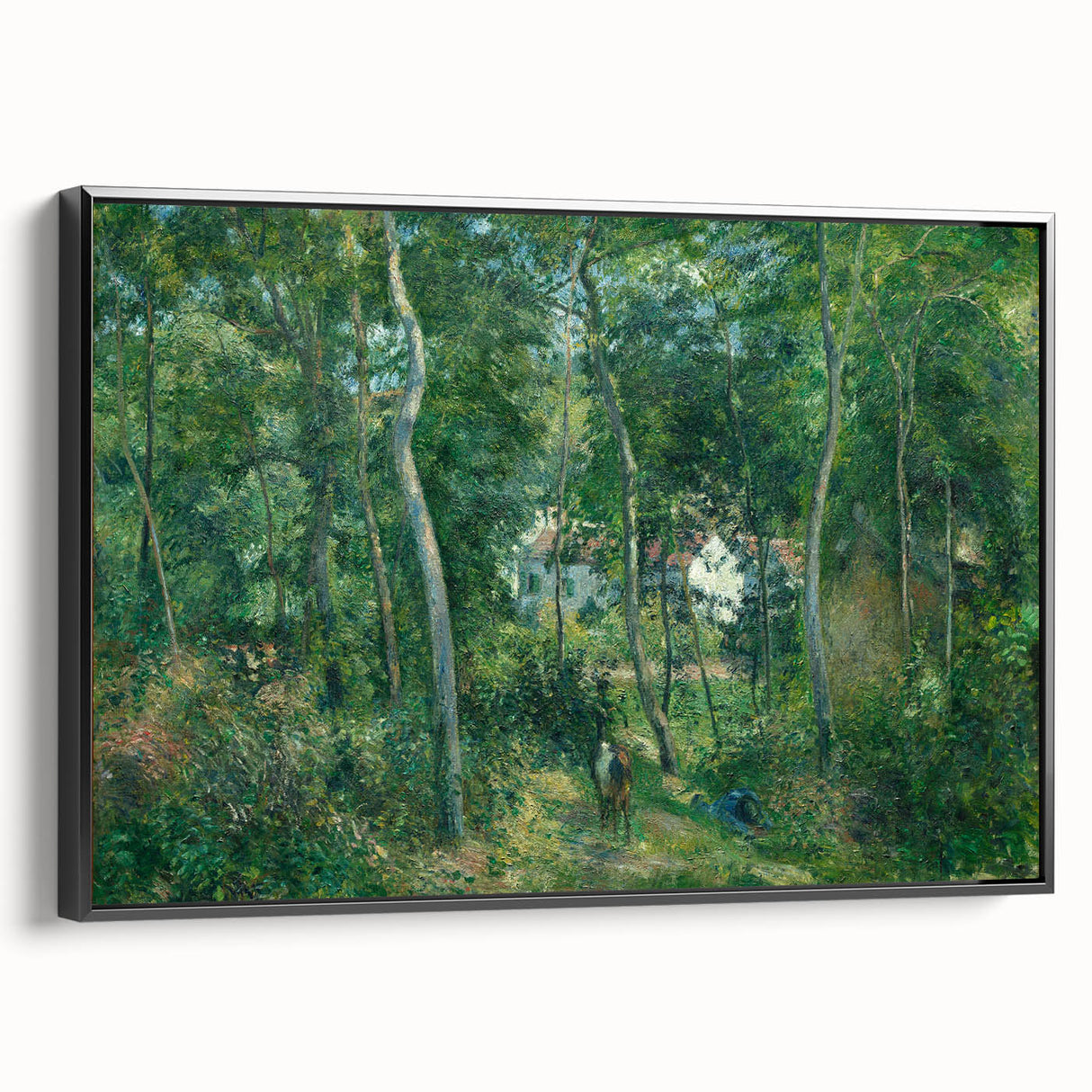 Black and white landscape art painting of a rural scene on framed canvas.