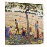 Acrylic print of a Camille Pissarro landscape, featuring soft green and blue tones, ideal for dining room decor.