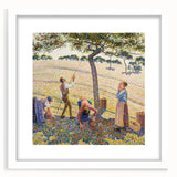 Abstract art print of colorful geometric shapes on white canvas, framed in white, ideal for bedroom or dining room decor.