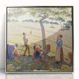 Mid-century modernist art featuring a pastoral landscape by Camille Pissarro, in soft earth tones, framed in silver acrylic.