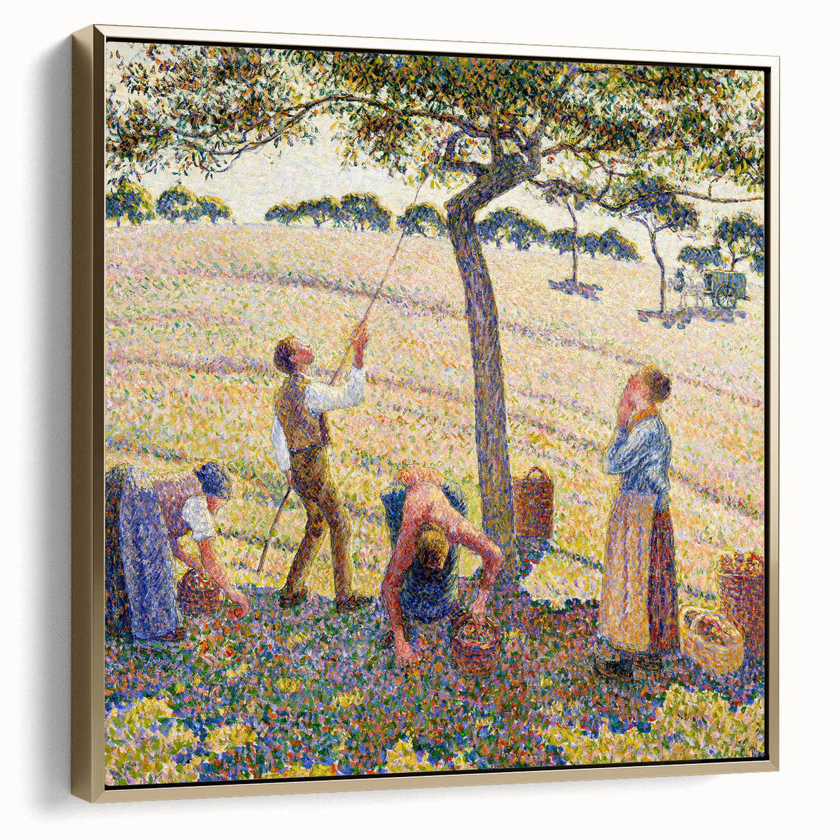 Vintage poster art of a Camille Pissarro landscape on a framed canvas, featuring muted earth tones.