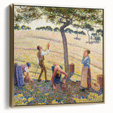 Vintage poster art of a Camille Pissarro landscape on a framed canvas, featuring muted earth tones.