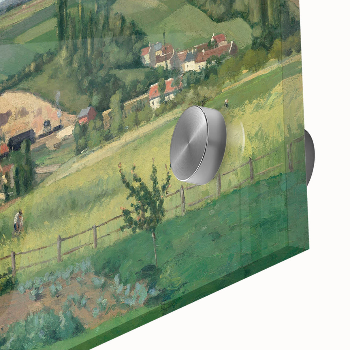 Mid-century modernist art by Camille Pissarro, featuring abstract forms in earth tones on acrylic glass.
