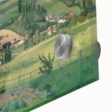 Mid-century modernist art by Camille Pissarro, featuring abstract forms in earth tones on acrylic glass.