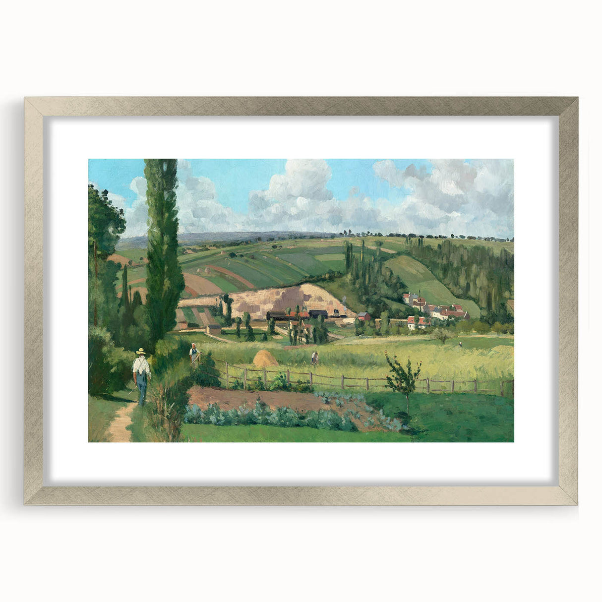 Textured abstract art print by Camille Pissarro in silver frame, featuring soft earth tones, ideal for bedroom wall decor.