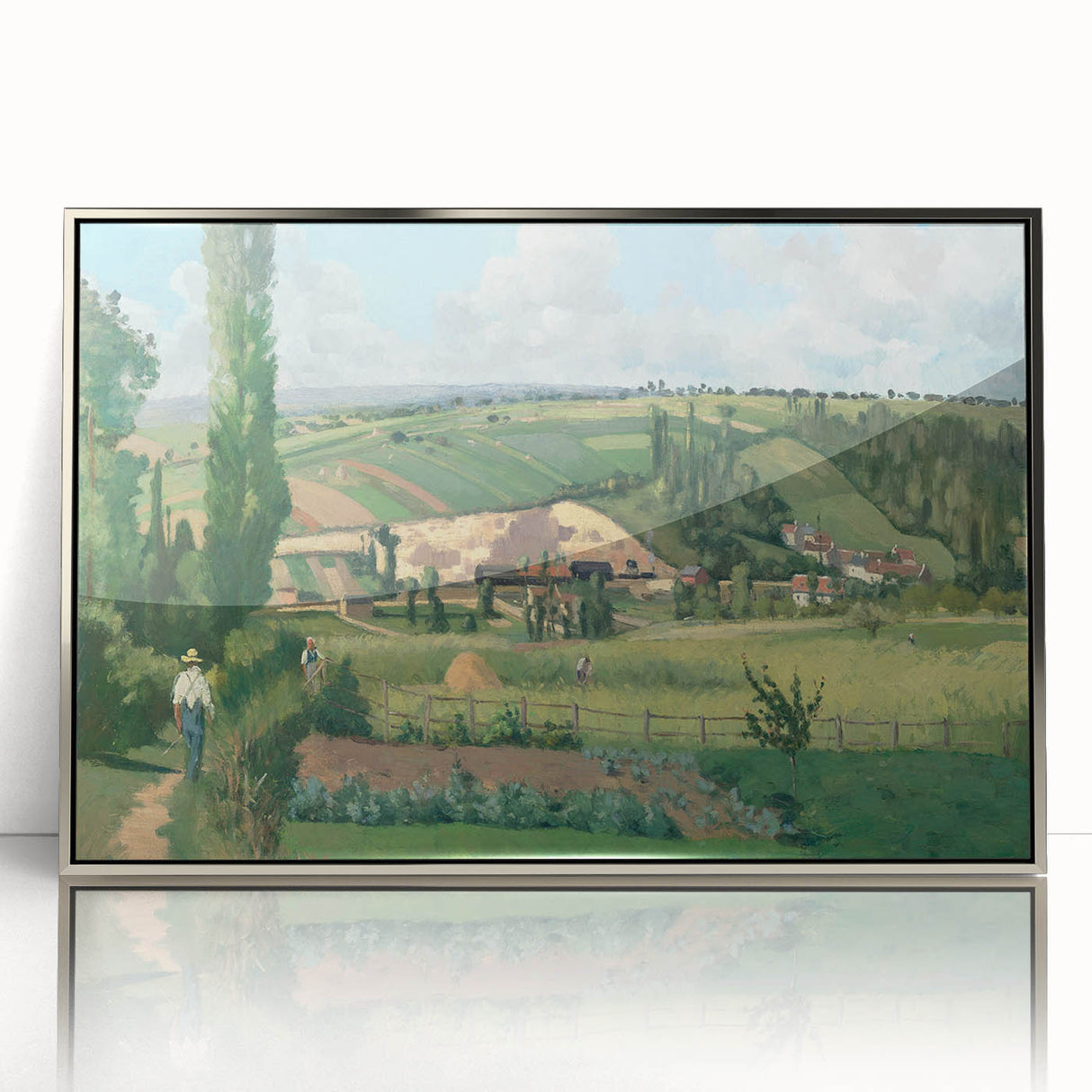 Mid-century modernist art by Camille Pissarro, featuring a rural landscape in muted greens and blues, framed acrylic.