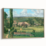 Framed canvas featuring a vintage landscape painting by Camille Pissarro in muted earth tones, ideal for bedroom wall art.