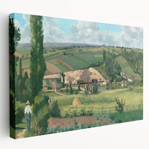 Side view of a stretched canvas featuring Camille Pissarro's impressionist landscape, ideal for kitchen wall art.