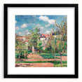 Extra large abstract art print featuring a colorful, textured depiction of a rural landscape on a black framed canvas.