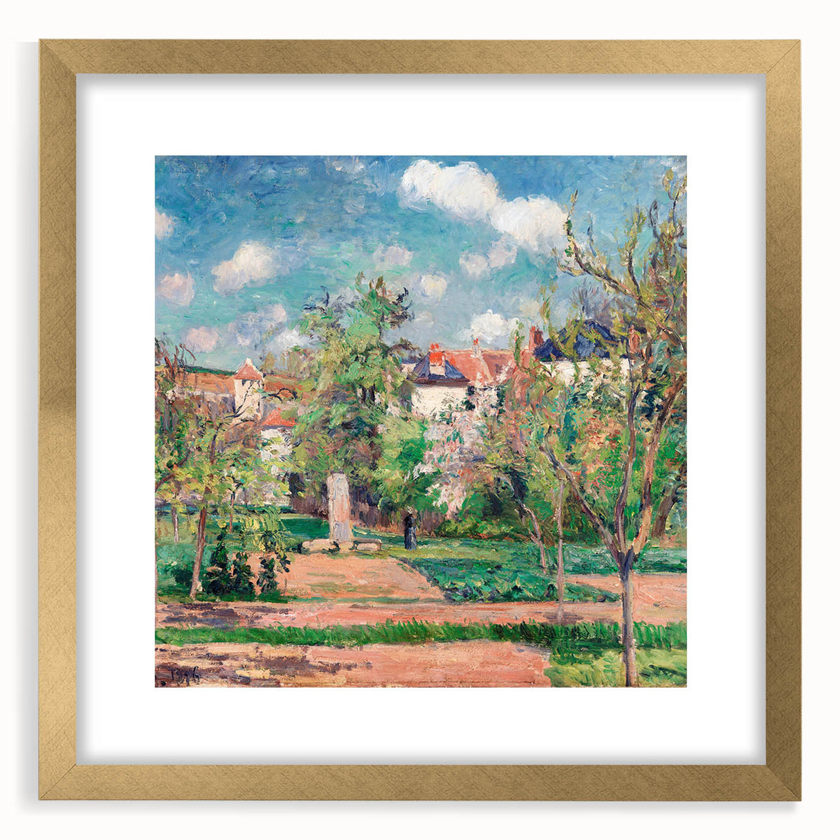 Extra large abstract art print featuring textured strokes in earthy tones on a gold-framed canvas.