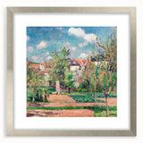 Textured art print by Camille Pissarro featuring abstract green and yellow patterns, framed in silver, ideal for bedroom art.