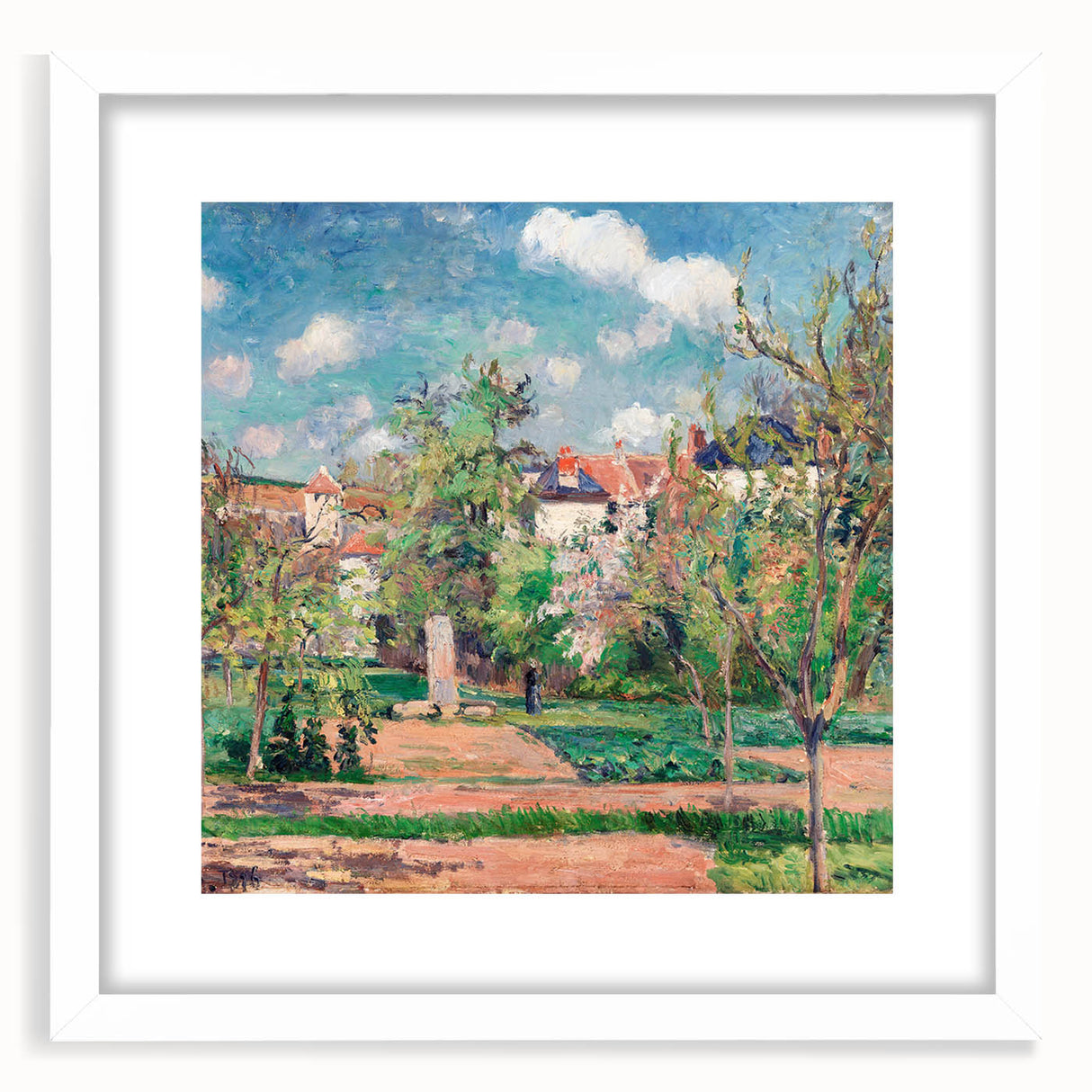 Abstract art print of a vibrant landscape by Camille Pissarro, framed in white, ideal for dining room decor.