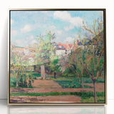 Mid-century modernist art print of a Camille Pissarro painting, featuring soft pastel colors on a framed acrylic.