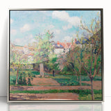 Mid-century modernist art by Camille Pissarro, featuring a rural landscape in soft green and blue tones.