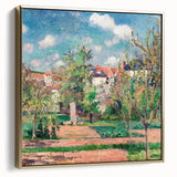 Vintage-style landscape painting by Camille Pissarro on a framed canvas with gold detailing, featuring muted earth tones.
