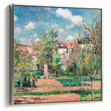 Landscape art painting featuring a rural scene by Camille Pissarro, rendered in colorful hues on a silver-framed canvas.