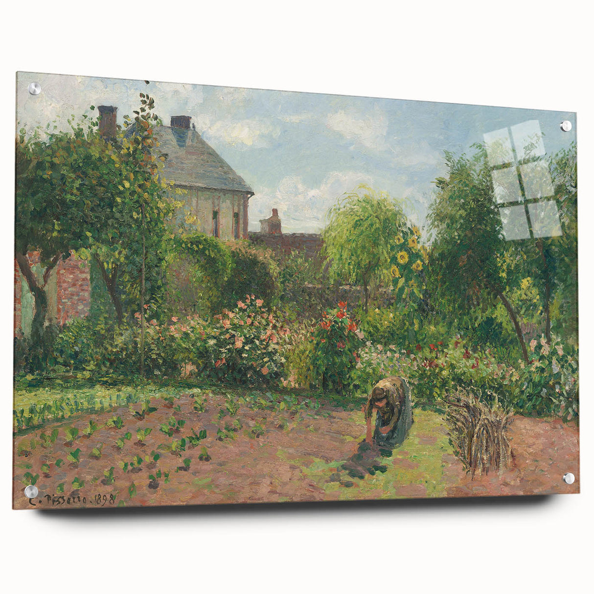 Acrylic print of Camille Pissarro's impressionist artwork featuring soft earth tones, ideal for bedroom or dining room decor.