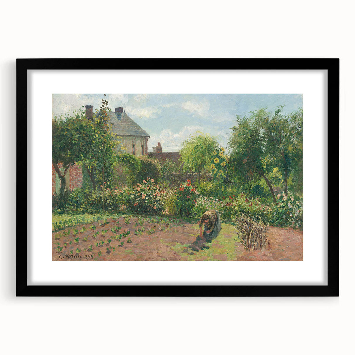 Extra large abstract art print of colorful, textured brushstrokes on a black framed canvas, ideal for living room decor.