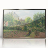 Mid-century modernist art by Camille Pissarro, featuring a rural landscape in soft earth tones on a framed acrylic print.