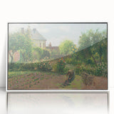 Acrylic print of Camille Pissarro's impressionist artwork, featuring soft pastel hues, framed in white.