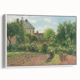 Vintage poster art of a colorful Camille Pissarro painting, framed in white, ideal for living room decor.
