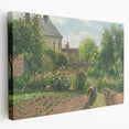 Side view of a stretched canvas featuring Camille Pissarro's impressionist artwork, in soft earth tones.