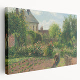 Side view of a stretched canvas featuring Camille Pissarro's impressionist artwork, in soft earth tones.