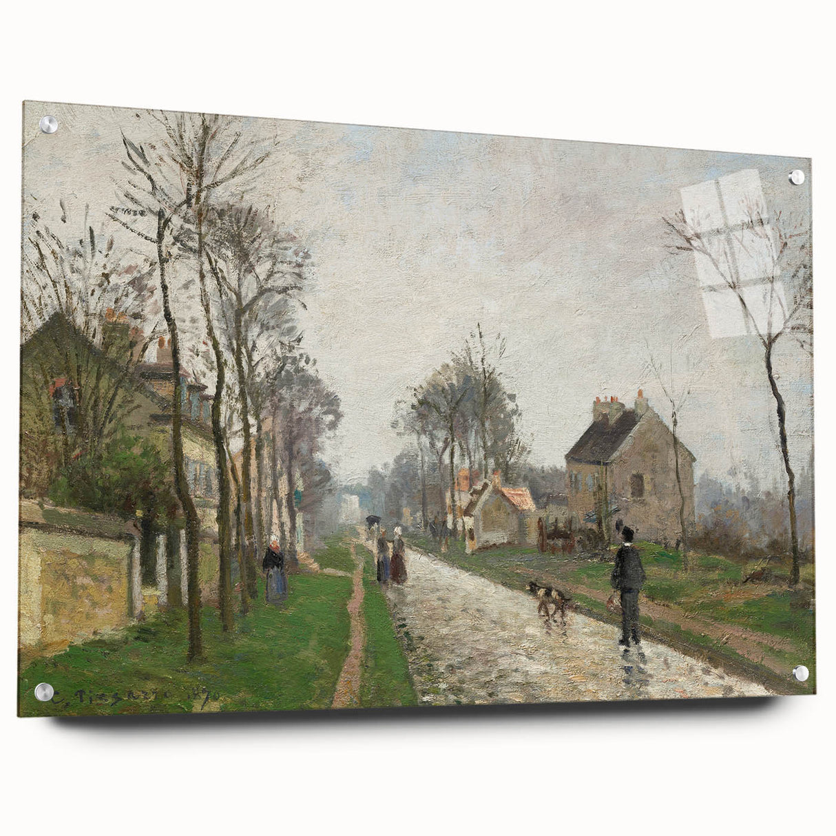 Side view of a Camille Pissarro-inspired acrylic glass artwork in muted earth tones, ideal for dining room decor.