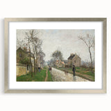 Textured art print of an abstract cityscape in cool blue and gray tones, framed in silver, ideal for modern bedroom ambiance.