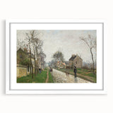 Abstract art print featuring a Camille Pissarro design in muted earth tones, framed in white, ideal for dining room decor.