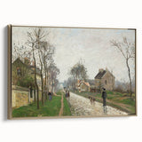 Framed canvas of a Camille Pissarro landscape painting in muted earth tones, ideal for bedroom wall art.