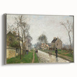 Landscape art painting by Camille Pissarro, featuring a rural scene in muted colors on a silver-framed canvas.