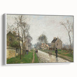 Vintage poster art of a Camille Pissarro painting, featuring colorful imagery on a white framed canvas.