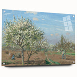 Acrylic print of a Camille Pissarro painting, featuring a rural landscape in muted earth tones, ideal for dining room decor.