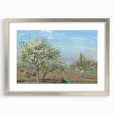 Textured art print of an abstract cityscape in muted gray and blue tones, framed in silver.