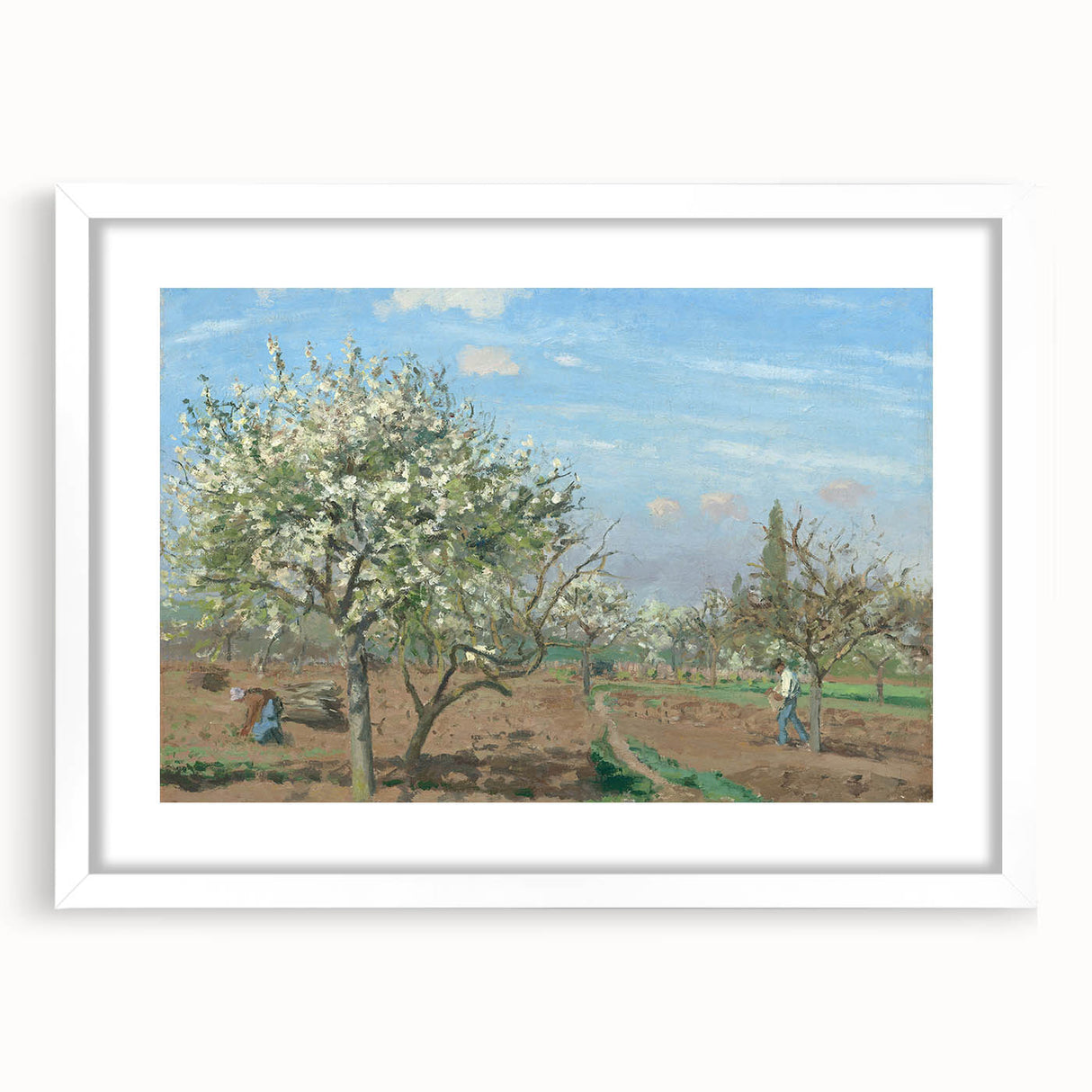 Abstract art print of a Camille Pissarro painting in muted earth tones, framed with a white mat.